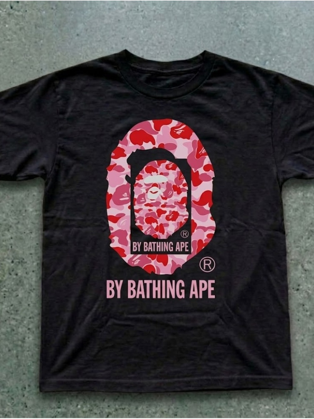 Gildan Black Tee with Pink and Red Camo 'By Bathing Ape' Logo
